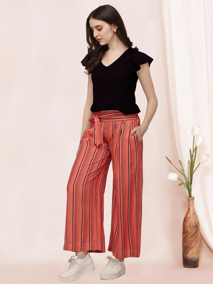 Ruffle Sleeves Black Top With Orange Strip Straight Pant, Daily Wear Co-ordinated Set. - VJV Now