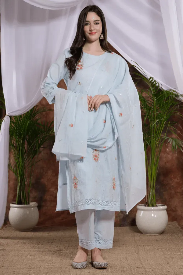 Sea blue cotton straight kurta pant with floral duppatta - VJV Now