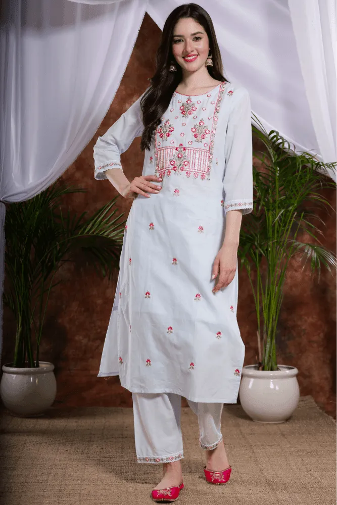 Sea blue Embroidered Kurti pants with cotton Dupatta set - VJV Now