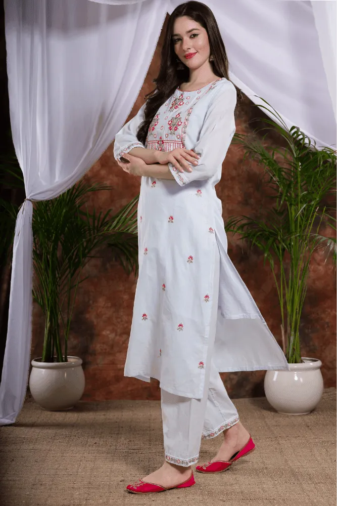 Sea blue Embroidered Kurti pants with cotton Dupatta set - VJV Now