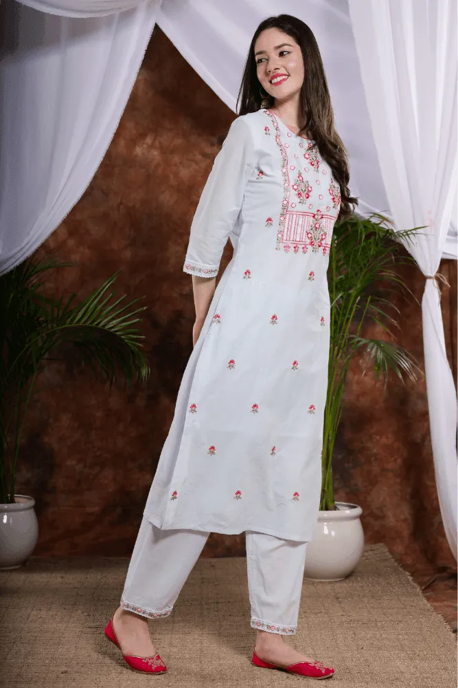 Sea blue Embroidered Kurti pants with cotton Dupatta set - VJV Now