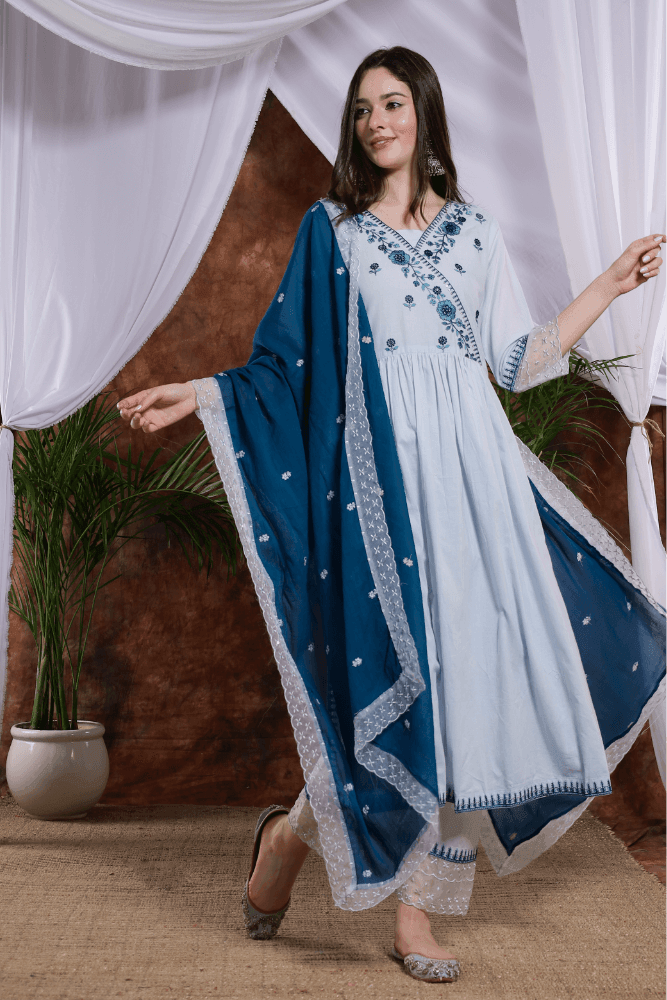 Sea blue embroidred cotton straight kurts suit with blue floral embroidered duppatta - VJV Now