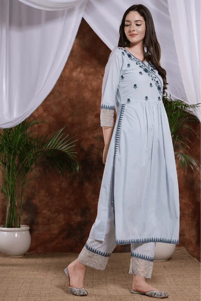 Sea blue embroidred cotton straight kurts suit with blue floral embroidered duppatta - VJV Now