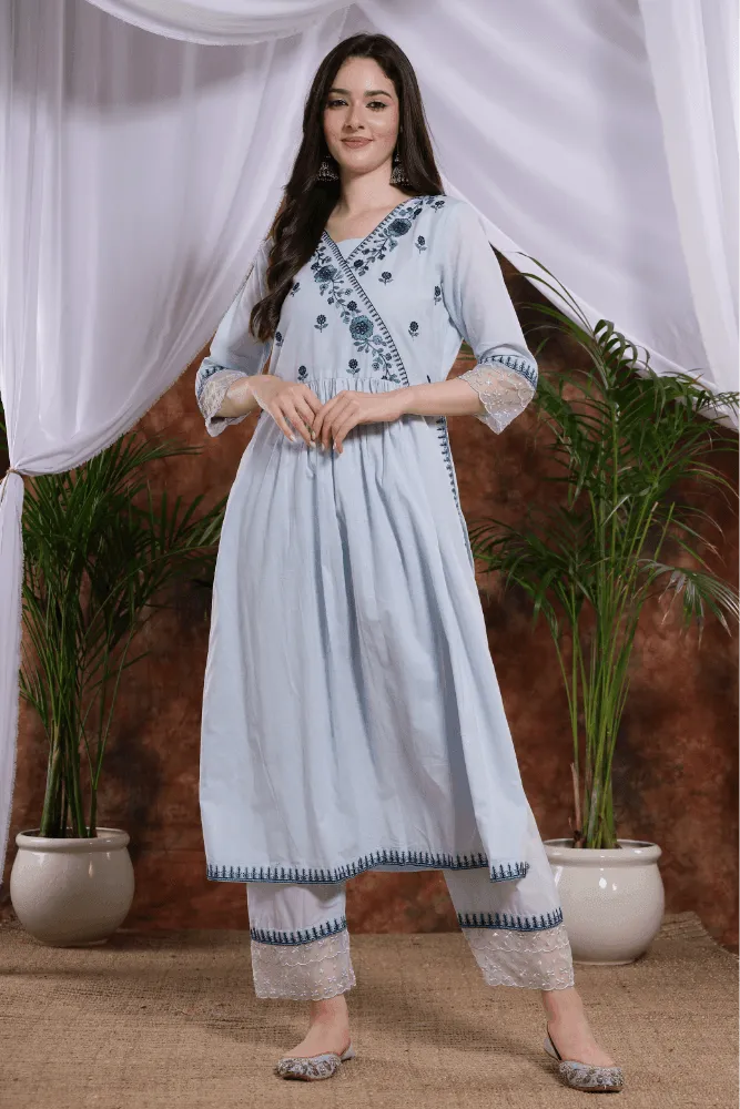 Sea blue embroidred cotton straight kurts suit with blue floral embroidered duppatta - VJV Now