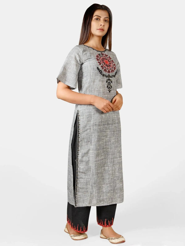 Silver slub embroidered neck kurta with black plazzo pant - VJV Now