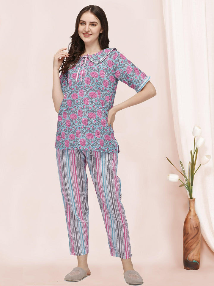 Sky And Pink Floral Hand Block Printed Cotton Pajama Suit Set - VJV Now