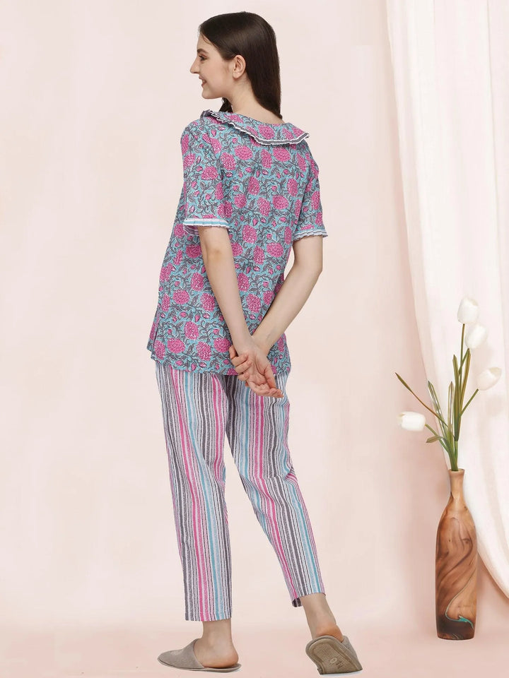 Sky And Pink Floral Hand Block Printed Cotton Pajama Suit Set - VJV Now