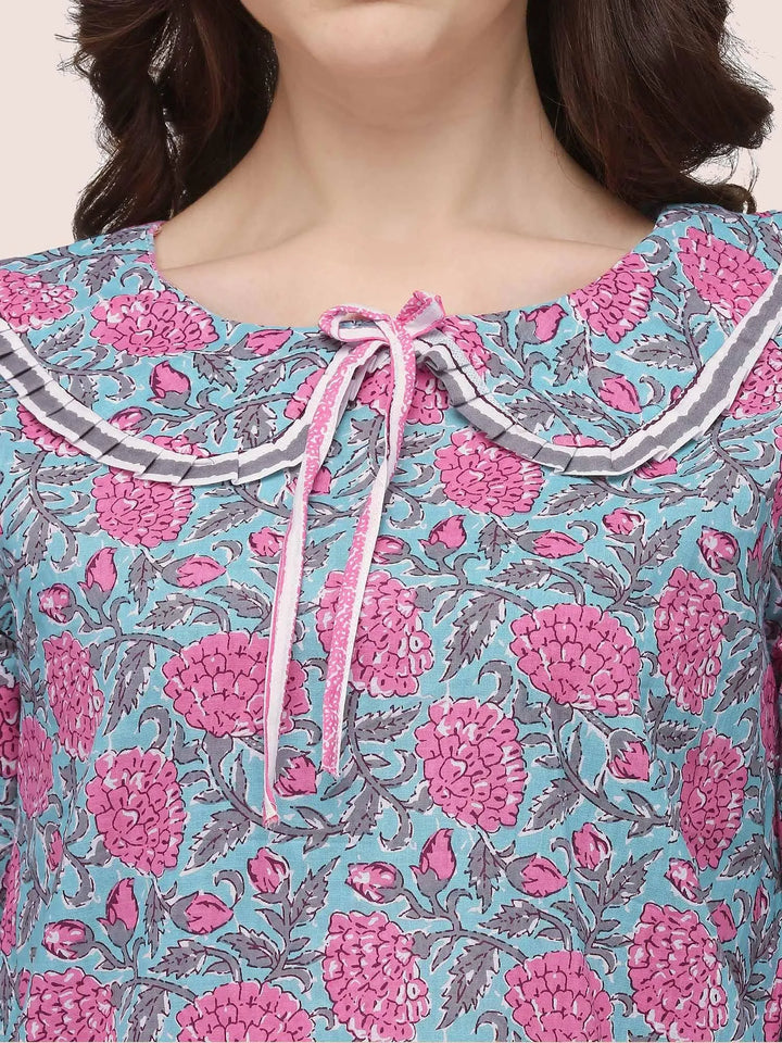 Sky And Pink Floral Hand Block Printed Cotton Pajama Suit Set - VJV Now