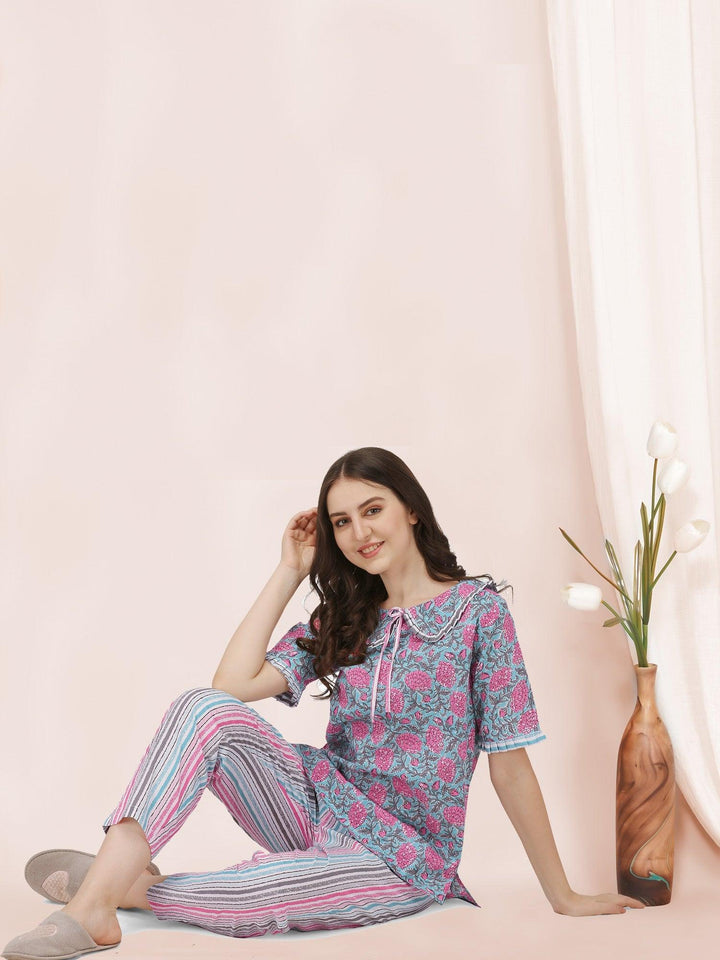 Sky And Pink Floral Hand Block Printed Cotton Pajama Suit Set - VJV Now