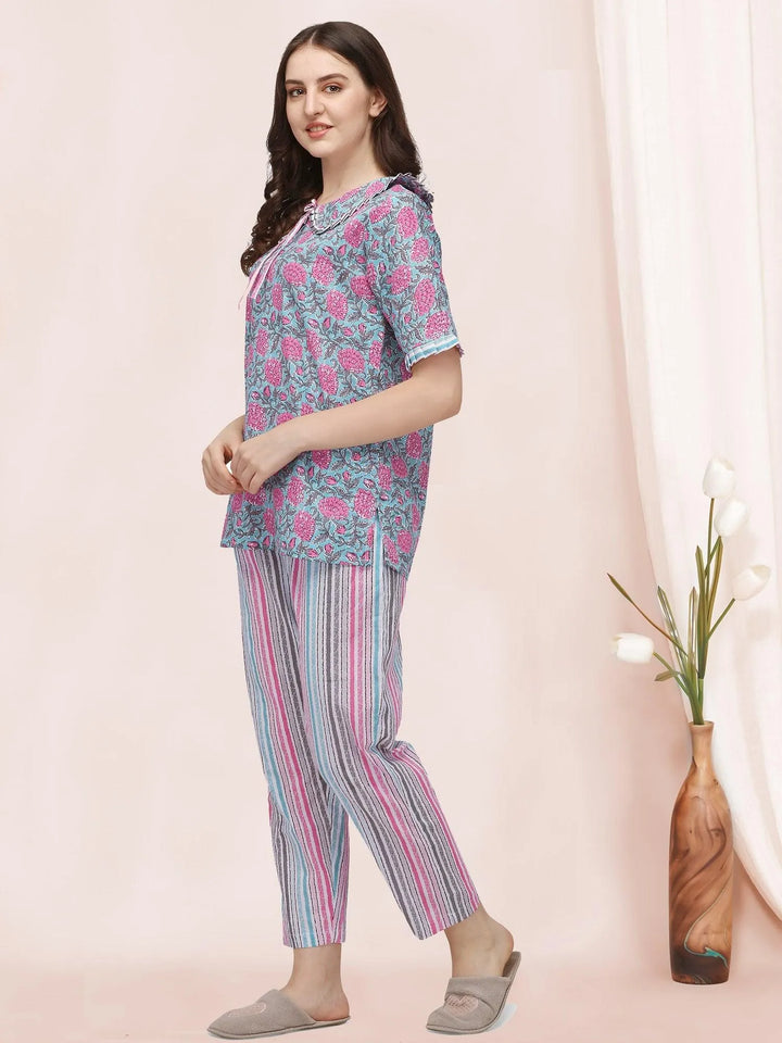 Sky And Pink Floral Hand Block Printed Cotton Pajama Suit Set - VJV Now