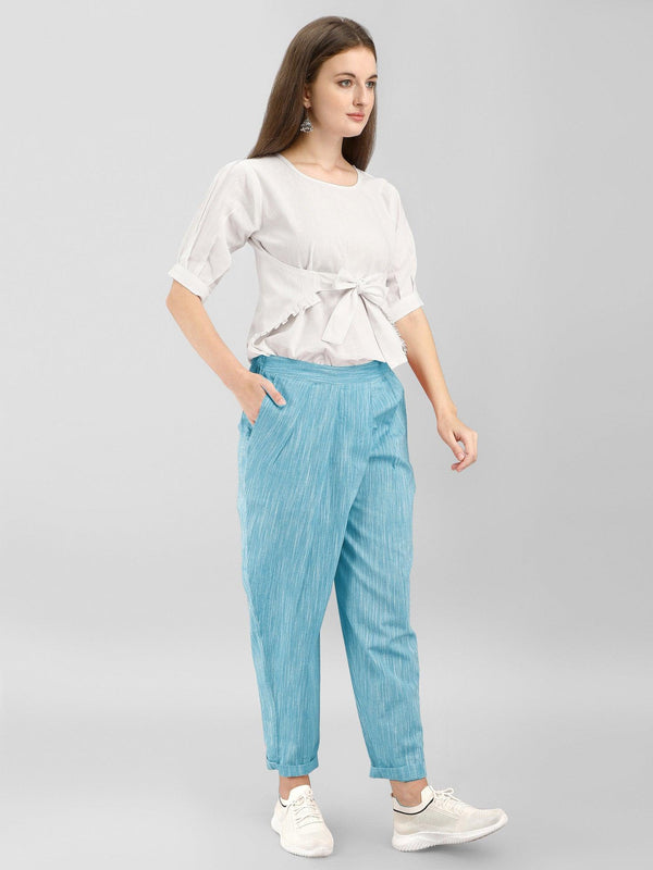 Sky Blue Casual Pants & White Tie-up Top Coordinated Set - VJV Now