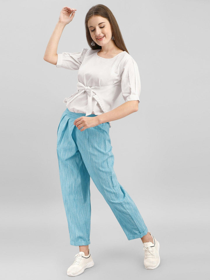 Sky Blue Casual Pants & White Tie-up Top Coordinated Set - VJV Now