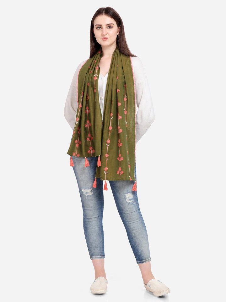 Tiny Floral Bunch Olive Green Embroidered Stole - VJV Now
