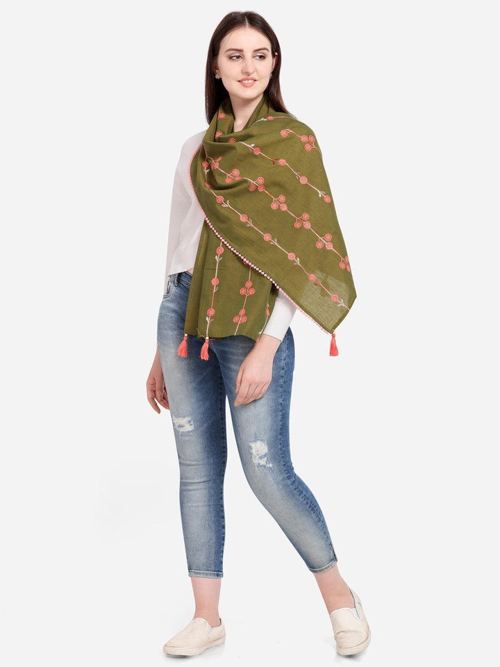 Tiny Floral Bunch Olive Green Embroidered Stole - VJV Now