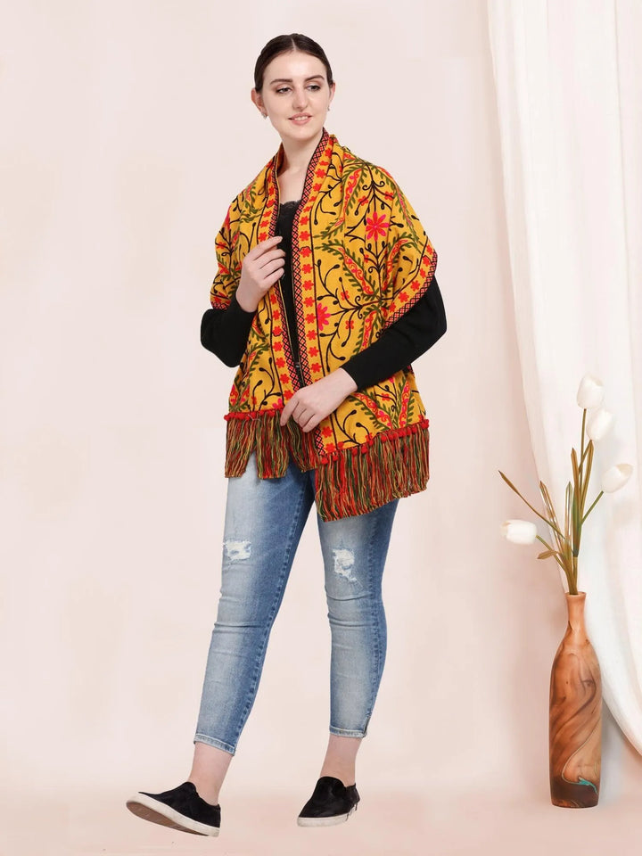 Turmeric Woollen Embroidered Muffler - VJV Now