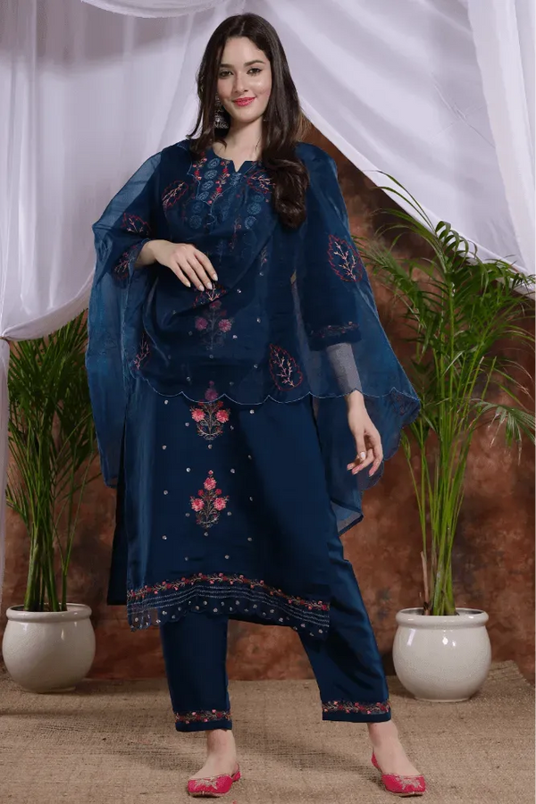 Turqoise Blue Embroidered Kurti pants with fancy dupatta - VJV Now