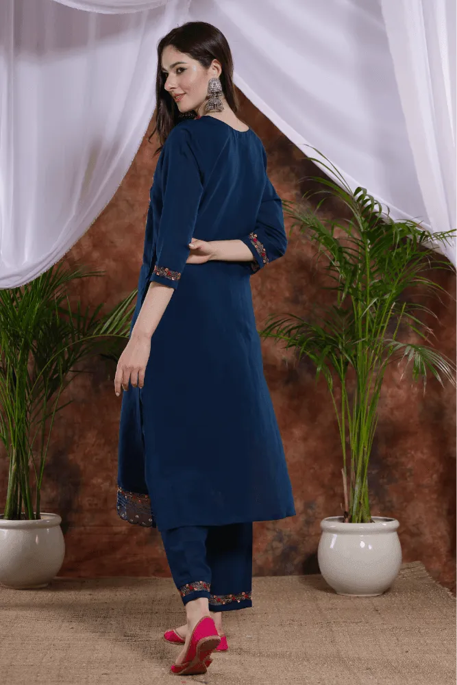 Turqoise Blue Embroidered Kurti pants with fancy dupatta - VJV Now