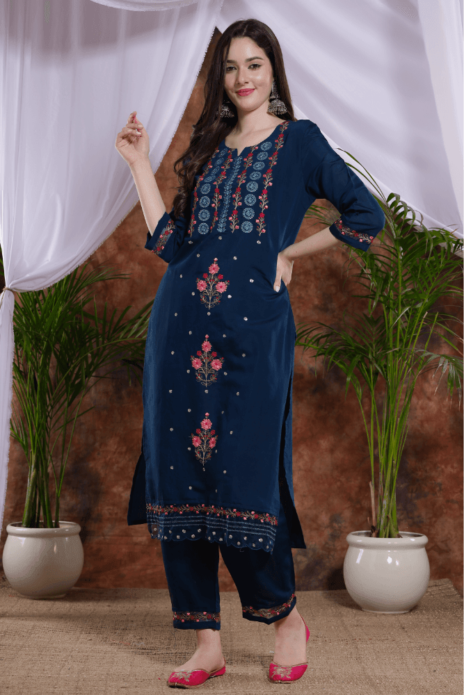 Turqoise Blue Embroidered Kurti pants with fancy dupatta - VJV Now
