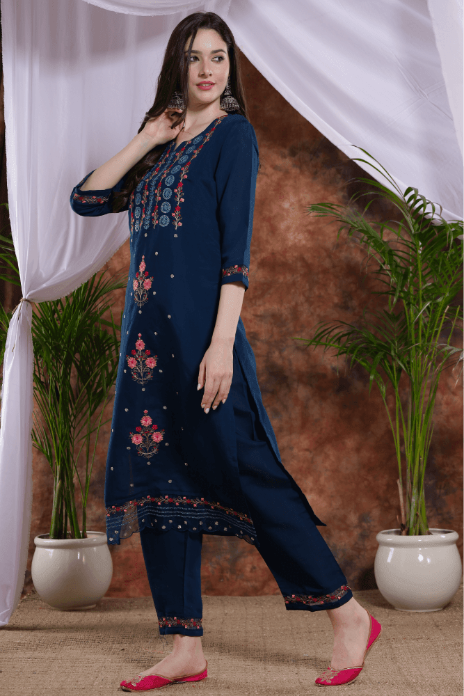 Turqoise Blue Embroidered Kurti pants with fancy dupatta - VJV Now