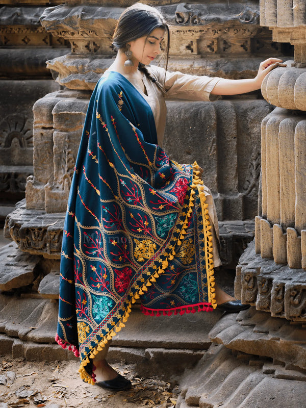 Turqoise Blue Multi colour Asri heavily Embroidered Khadi Shawl/Dupatta With Yellow Tassel Lace - VJV Now