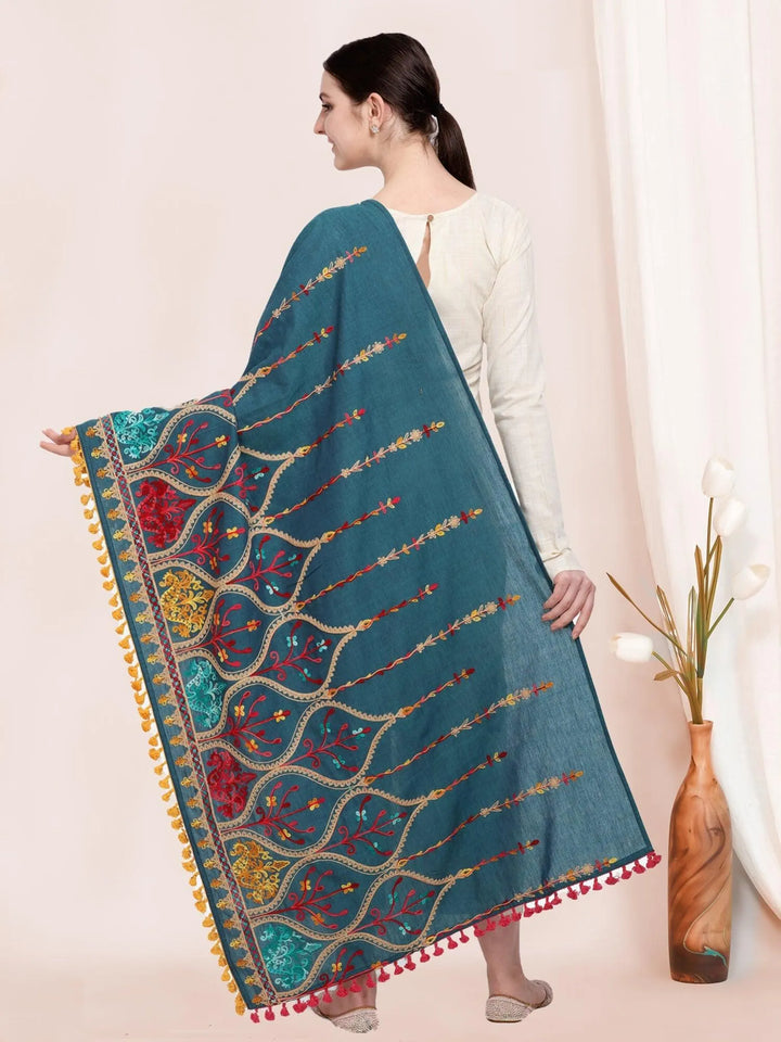 Turqoise Blue Multi colour Asri heavily Embroidered Khadi Shawl/Dupatta With Yellow Tassel Lace - VJV Now