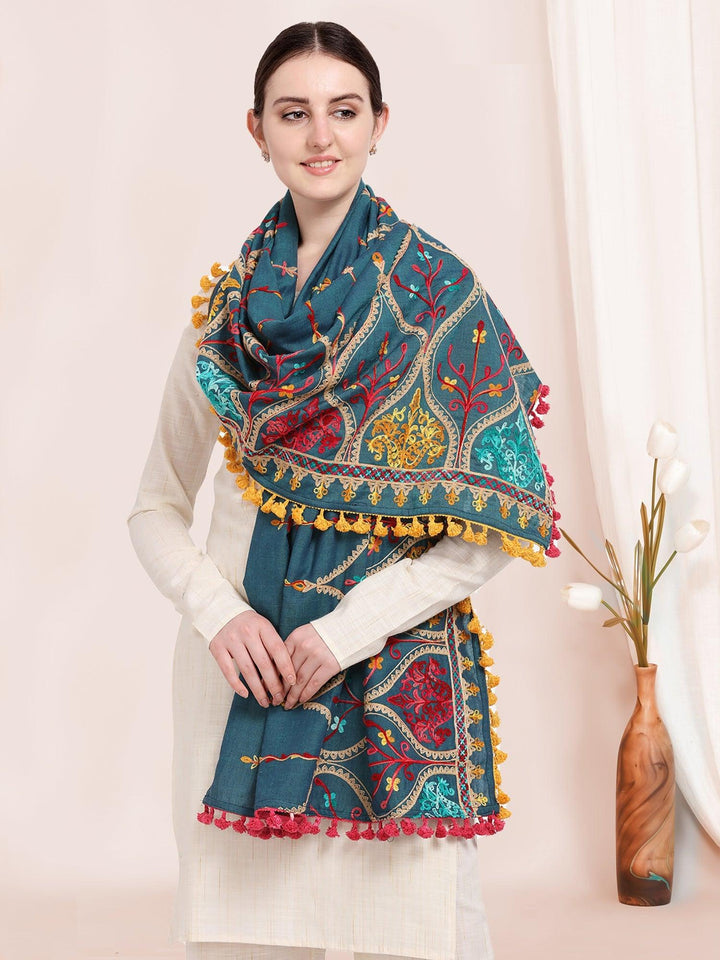 Turqoise Blue Multi colour Asri heavily Embroidered Khadi Shawl/Dupatta With Yellow Tassel Lace - VJV Now
