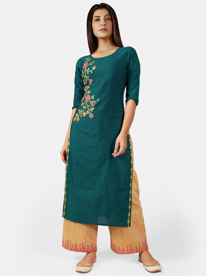 Turquoise one side embroidered kurta set with mustured yellow palazzo pant - VJV Now