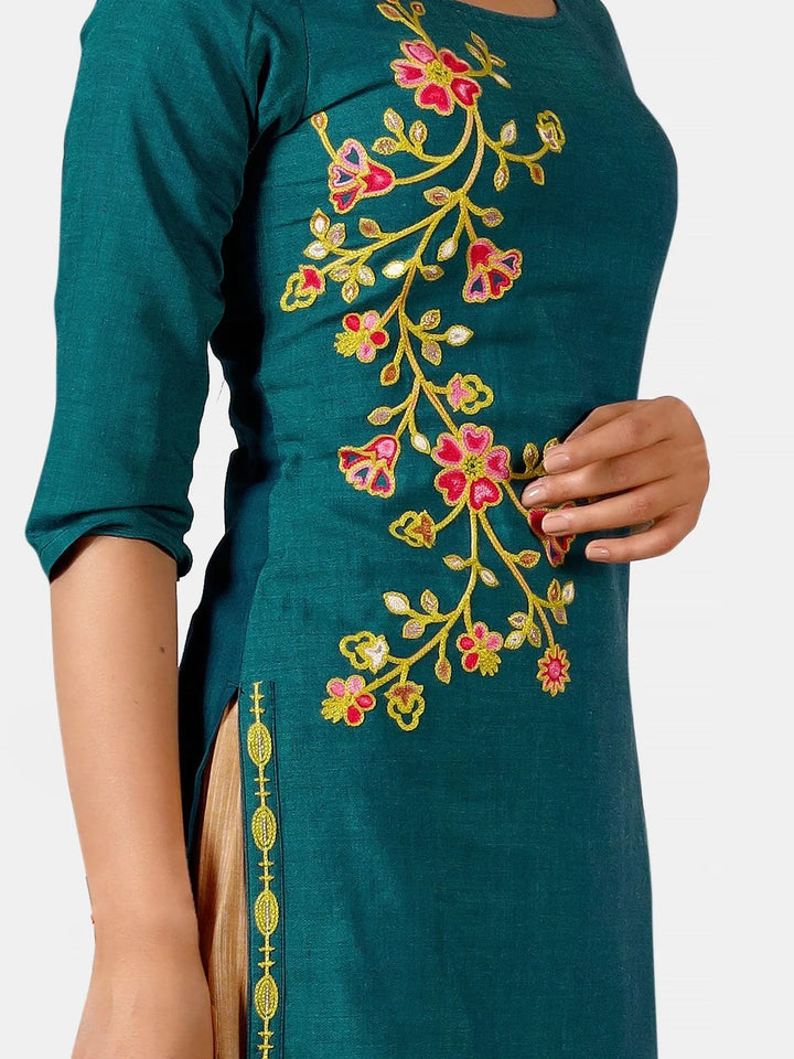 Turquoise one side embroidered kurta set with mustured yellow palazzo pant - VJV Now