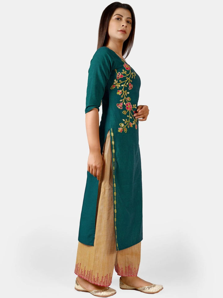 Turquoise one side embroidered kurta set with mustured yellow palazzo pant - VJV Now