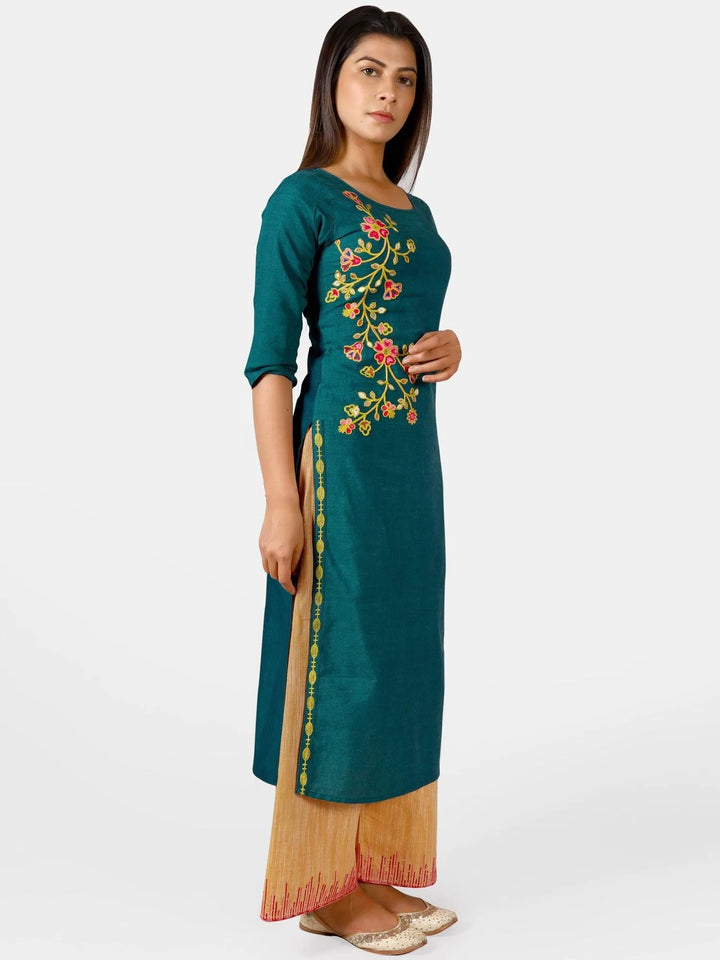 Turquoise one side embroidered kurta set with mustured yellow palazzo pant - VJV Now