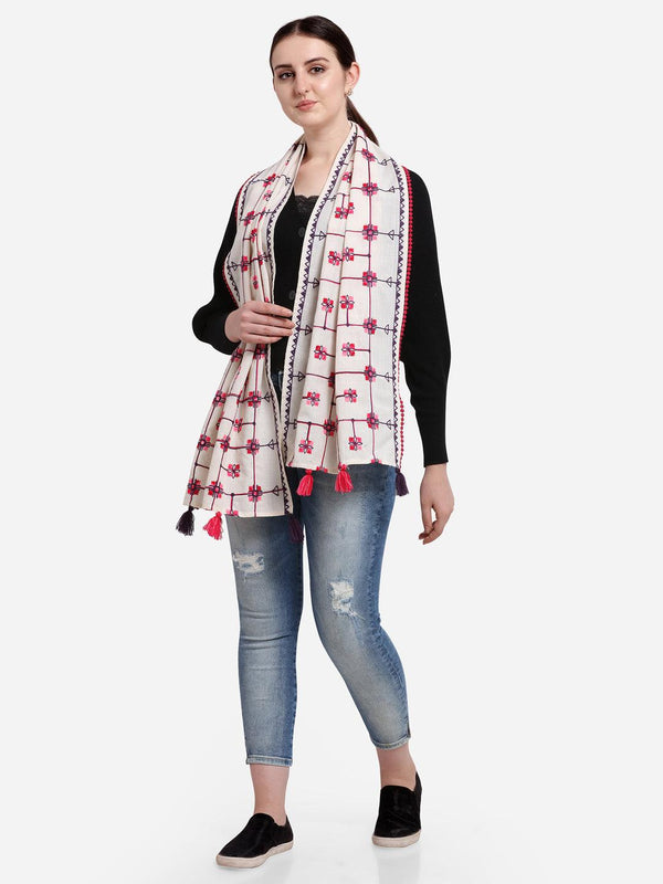 Twinkling Pink Floral off-White Khadi Embroiderd Stole - VJV Now