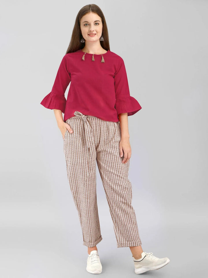 Waist tie up Casual Pants With Red Bell Sleeves Top - VJV Now