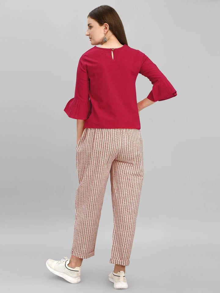 Waist tie up Casual Pants With Red Bell Sleeves Top - VJV Now