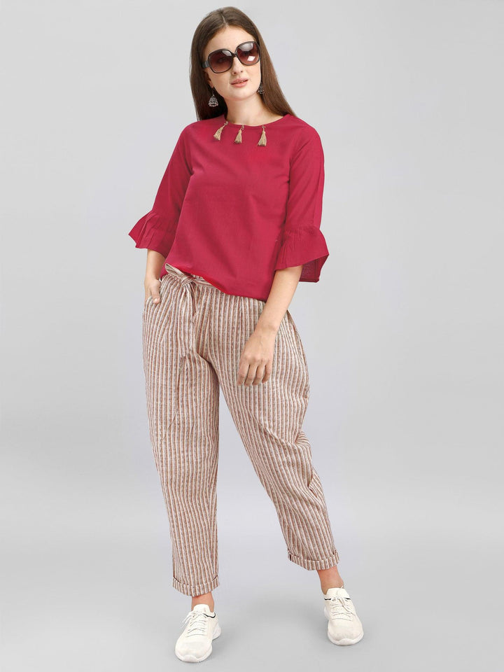 Waist tie up Casual Pants With Red Bell Sleeves Top - VJV Now