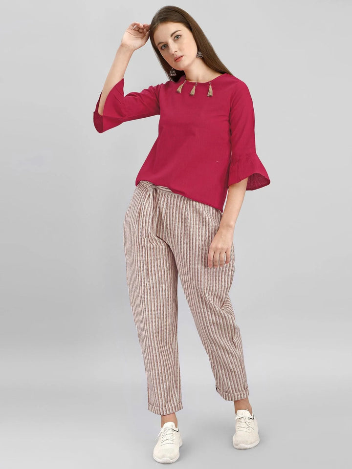 Waist tie up Casual Pants With Red Bell Sleeves Top - VJV Now