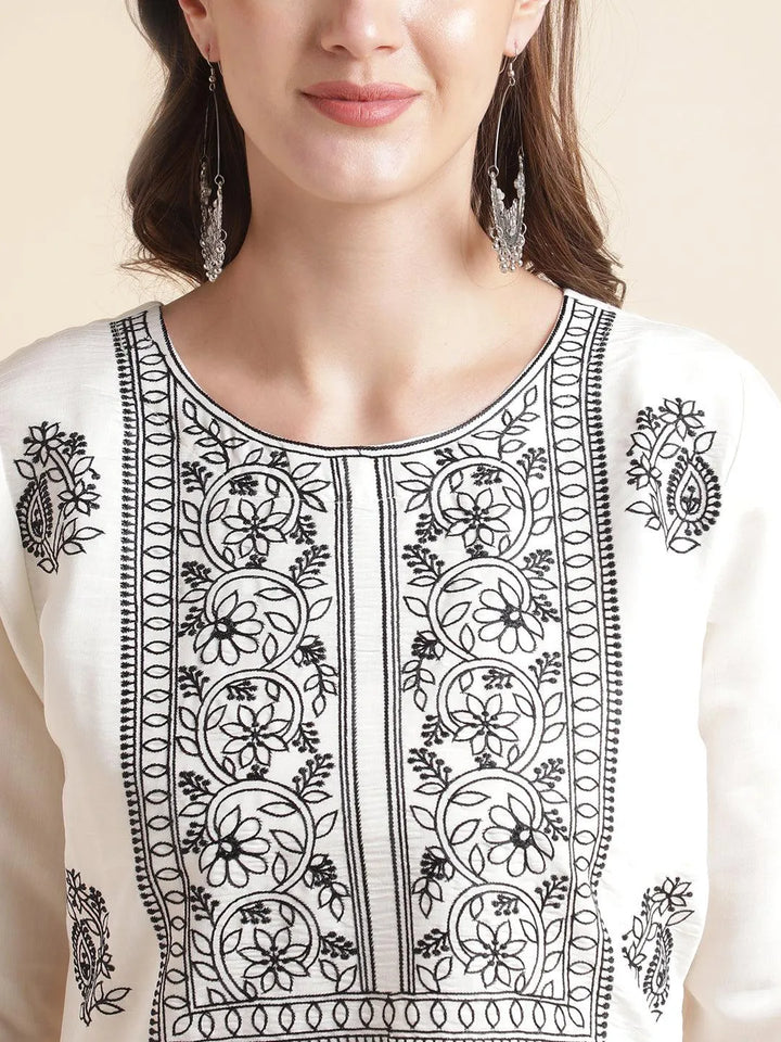 White Embroidered three Quarter sleeve kurta set with fancy embroidered dupatta - VJV Now