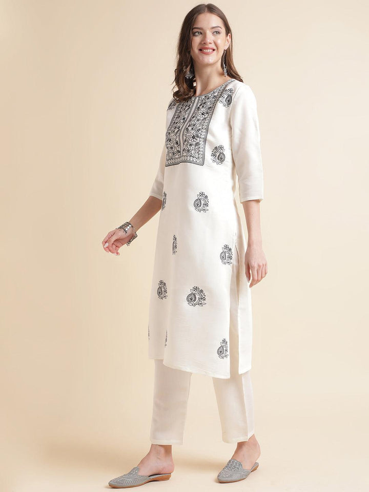 White Embroidered three Quarter sleeve kurta set with fancy embroidered dupatta - VJV Now