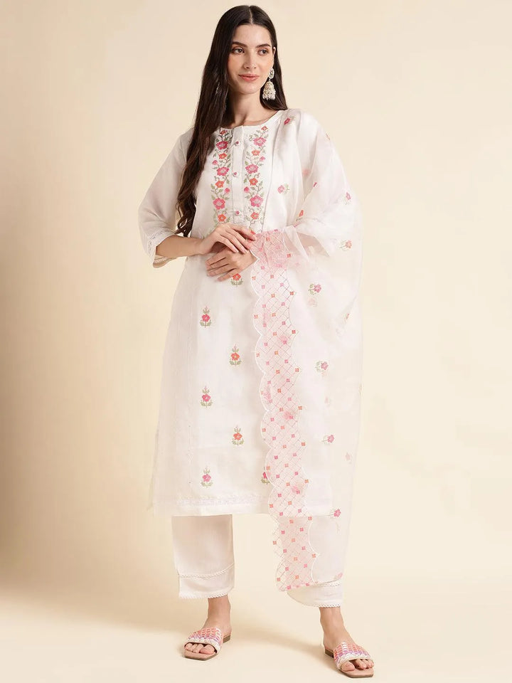 White floral embroidered kurta set with fancy embroidered dupatta - VJV Now