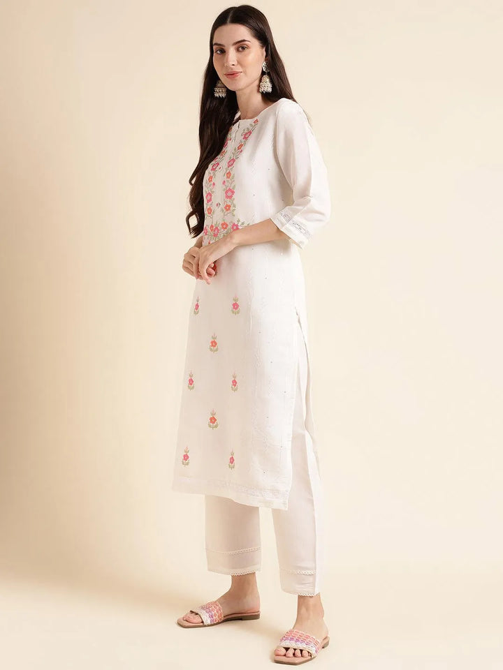 White floral embroidered kurta set with fancy embroidered dupatta - VJV Now