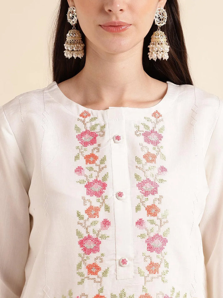 White floral embroidered kurta set with fancy embroidered dupatta - VJV Now