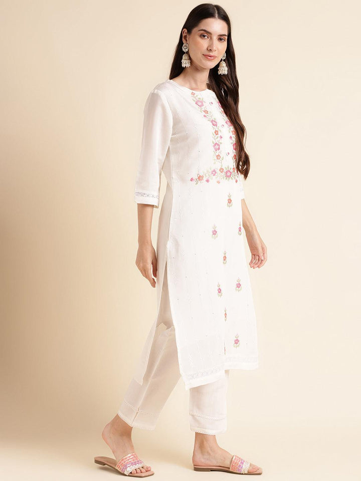 White floral embroidered kurta set with fancy embroidered dupatta - VJV Now