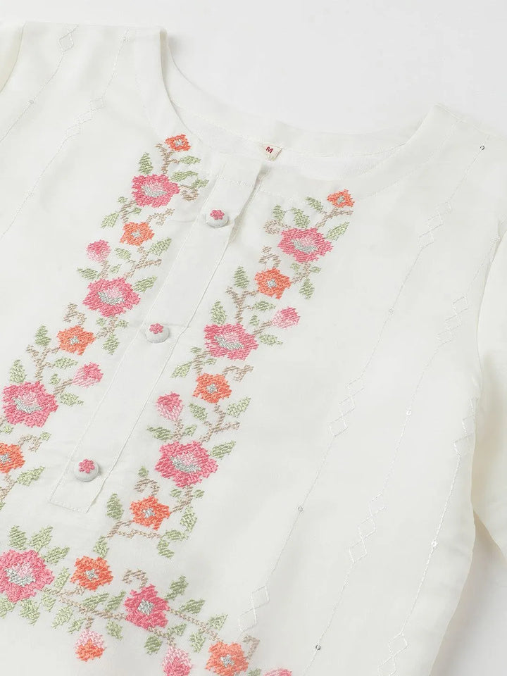 White floral embroidered kurta set with fancy embroidered dupatta - VJV Now