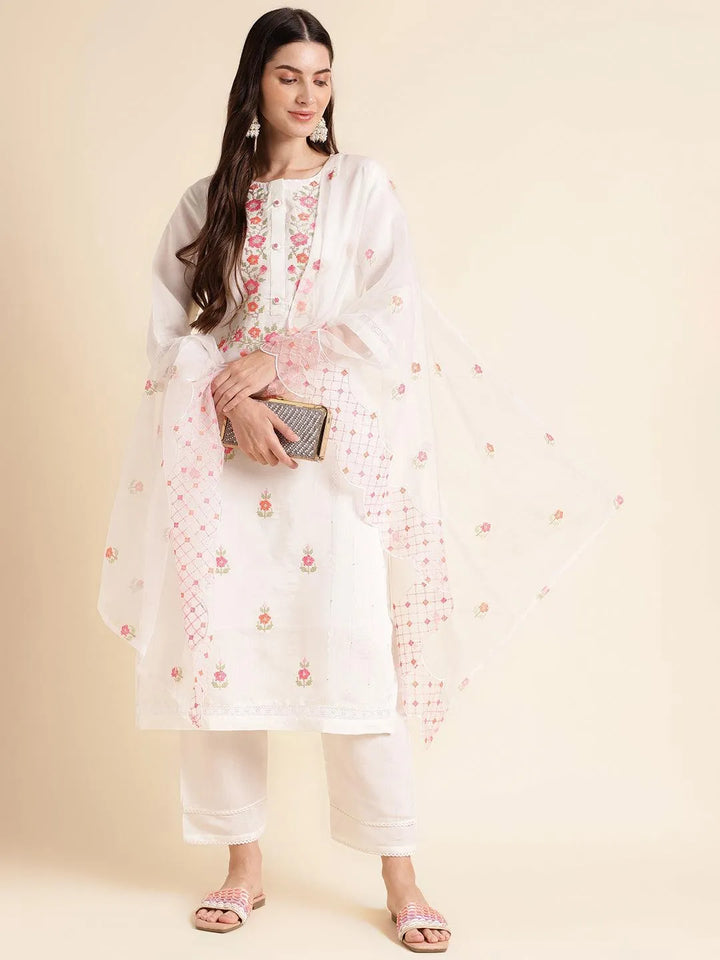 White floral embroidered kurta set with fancy embroidered dupatta - VJV Now