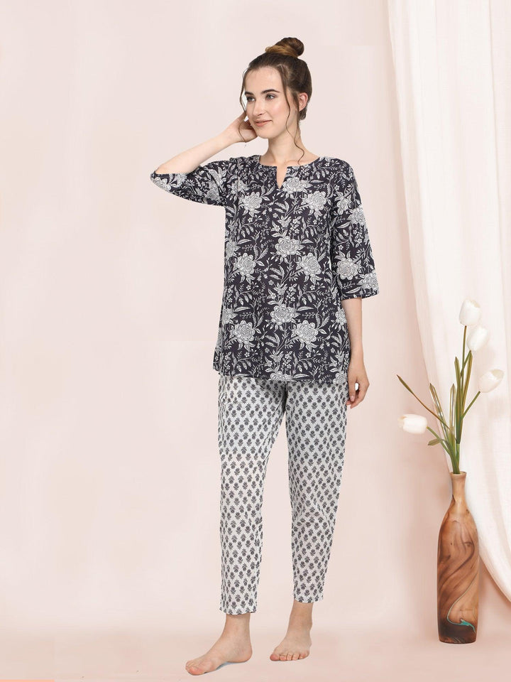 White Rose Black Beauty Printed Pajama Set - VJV Now