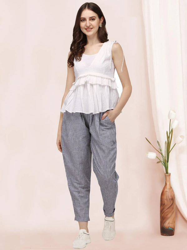 White Sleeveless Ruffle Top Paired With Chex Casual Pant A Perfect Co-ordinates set - VJV Now