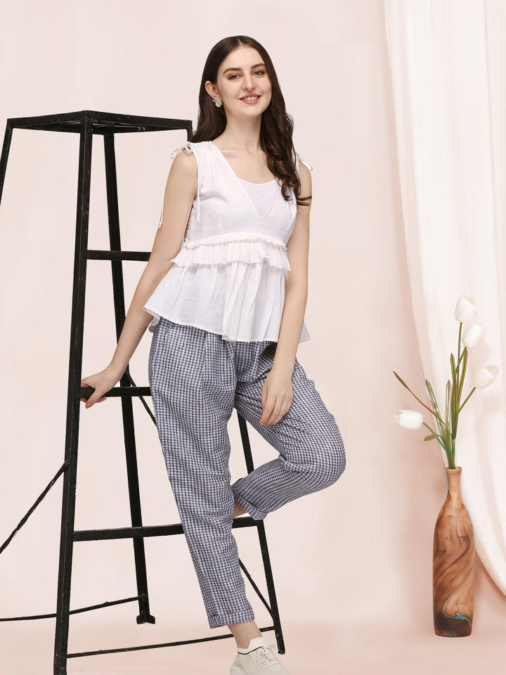White Sleeveless Ruffle Top Paired With Chex Casual Pant A Perfect Co-ordinates set - VJV Now