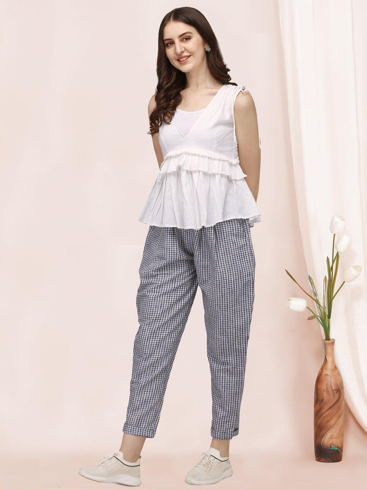 White Sleeveless Ruffle Top Paired With Chex Casual Pant A Perfect Co-ordinates set - VJV Now