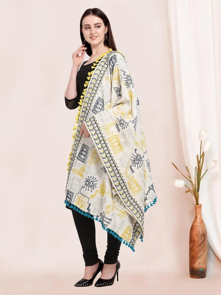 White Tribal Motif Aari Embroidered Khadi Shawl/Dupatta With Lemon Tassel Lace - VJV Now