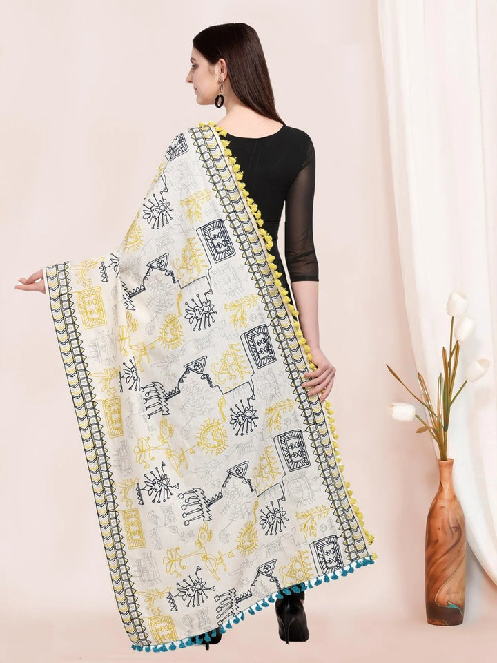 White Tribal Motif Aari Embroidered Khadi Shawl/Dupatta With Lemon Tassel Lace - VJV Now