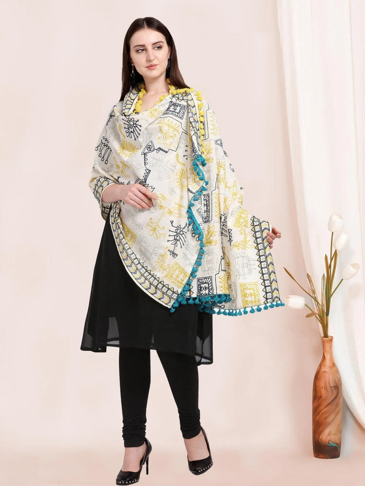 White Tribal Motif Aari Embroidered Khadi Shawl/Dupatta With Lemon Tassel Lace - VJV Now